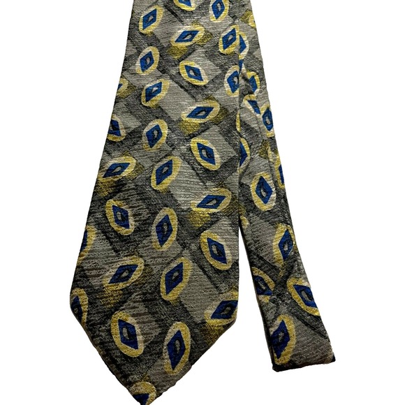 RoundTree & Yorke Men's Accessory Tie Necktie Silk Made USA Gray Yellow Blue - Picture 1 of 3